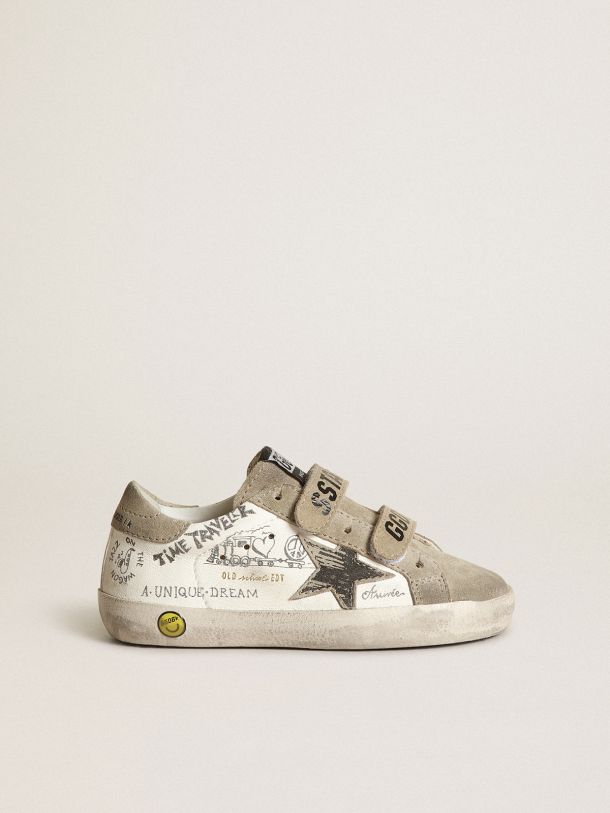 Golden Goose - Sneaker Old School Young in nappa bianca con inserti in suede color tortora e stella mismatched in 