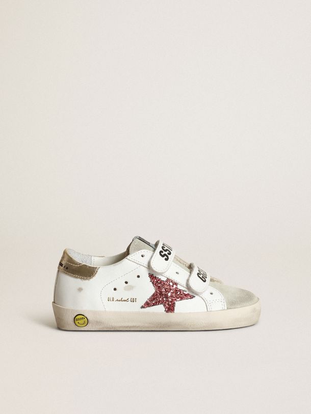 Young Old School sneakers with pink glitter star and platinum metallic leather heel tab