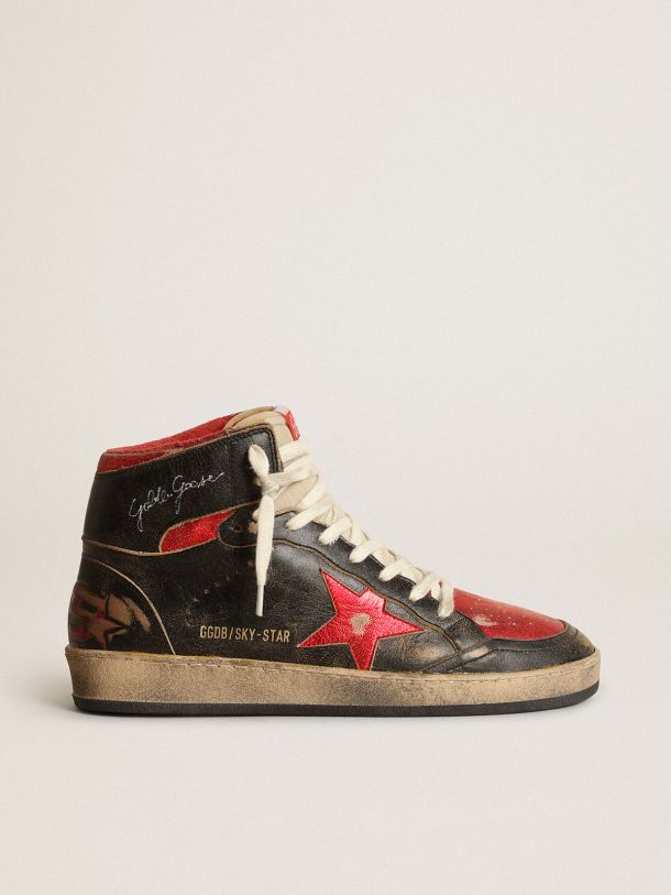 Golden Goose - Women’s Sky-Star sneakers in glossy black leather with red metallic leather star in 