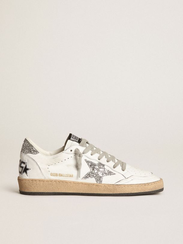 Golden Goose - Ball Star sneakers in white nappa leather with silver glitter star and heel tab in 