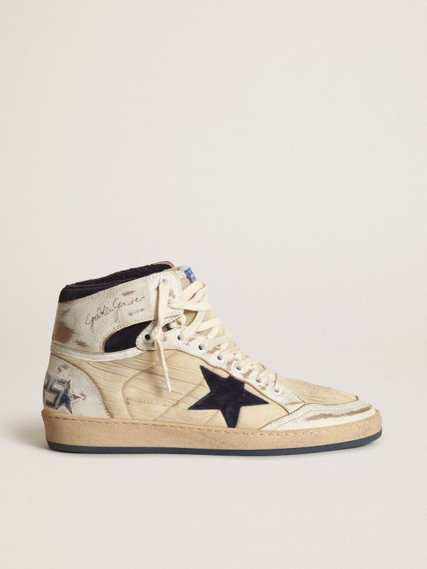 Sneakers Sky-Star pour homme en nylon couleur crème et cuir blanc avec étoile en daim bleu foncé