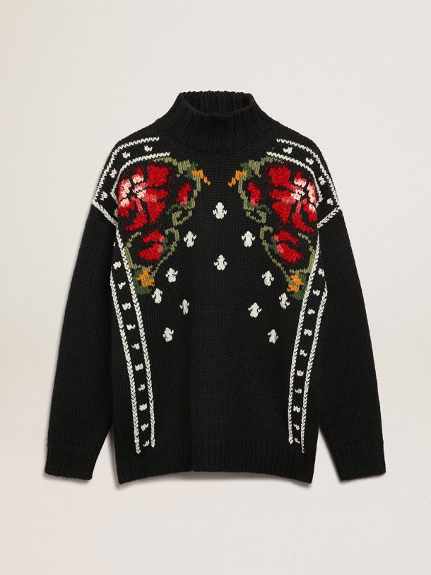 Journey Collection black high-neck sweater in wool blend with hand embroidery