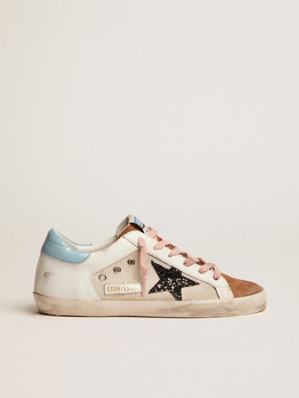 Golden Goose - Super-Star sneakers in light gray mesh and white leather with black glitter star in 