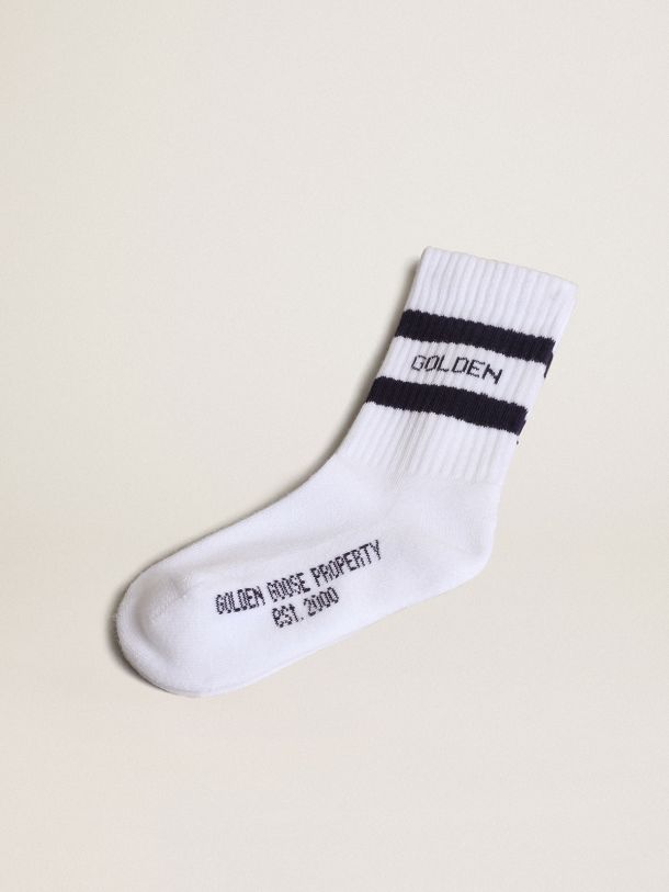 White cotton socks with navy-blue stripes and Golden Goose logo 