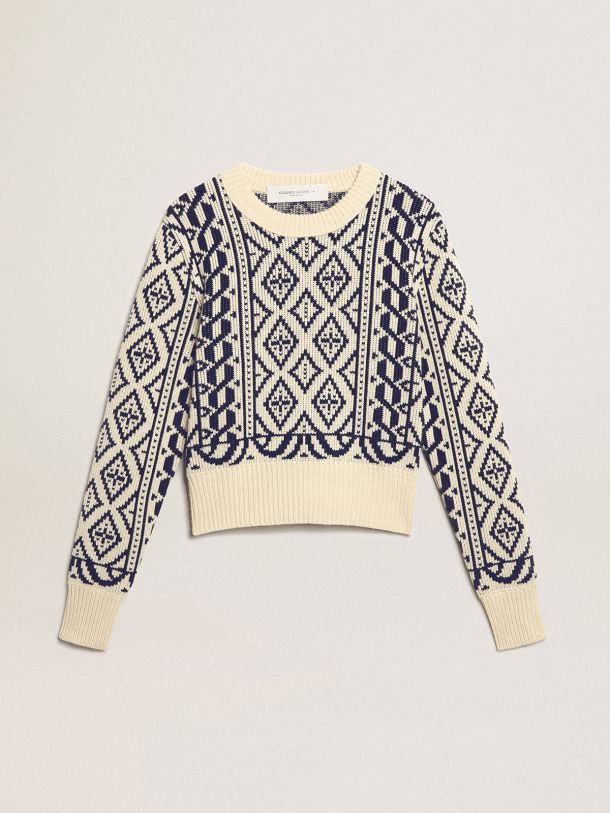 Cropped round-neck sweater with parchment and blue geometric pattern 