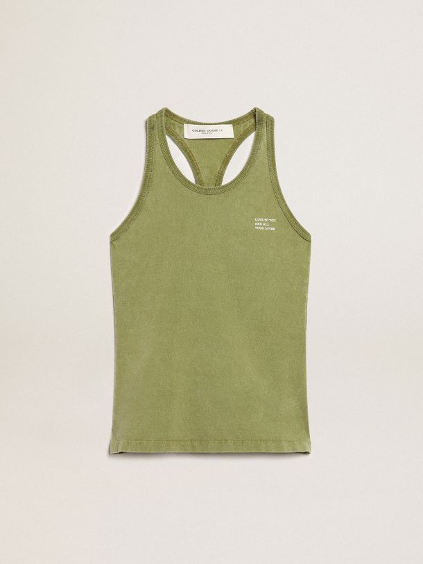 Pesto-green tank top with white lettering on the front