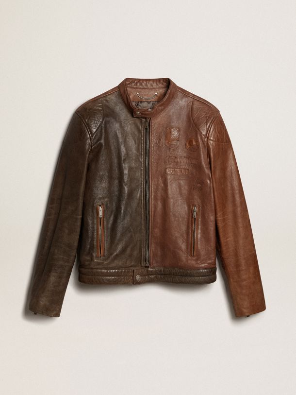 Biker-inspired brown nappa leather jacket