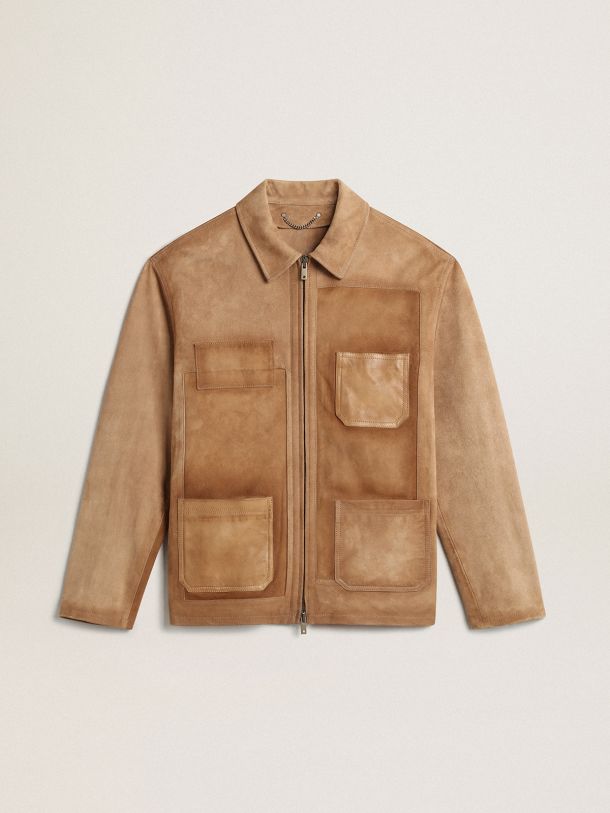 Sand-colored leather jacket with patches and zip fastening 