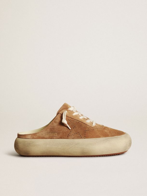 Women's Space-Star Sabots in tobacco-colored suede with perforated star