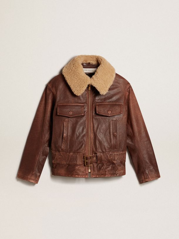 Wood-colored jacket with detachable shearling collar
