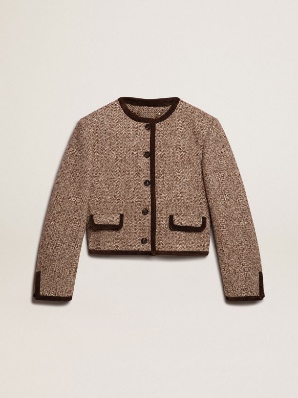 Brown cropped jacket with button fastening