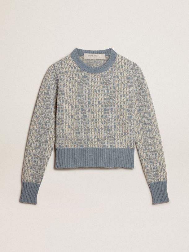 Cropped round-neck sweater with light blue jacquard lettering motif