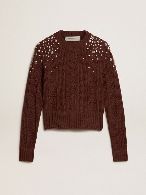 Cropped sweater in burgundy wool with crystals 