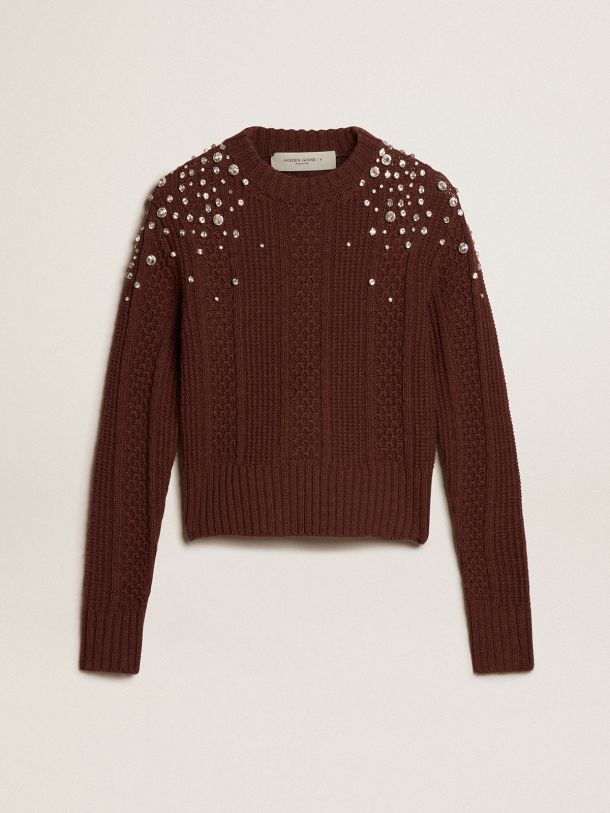 Pull cropped en laine bordeaux avec cristaux appliqués 