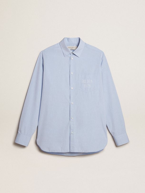 Baby-blue cotton shirt with embroidered pocket