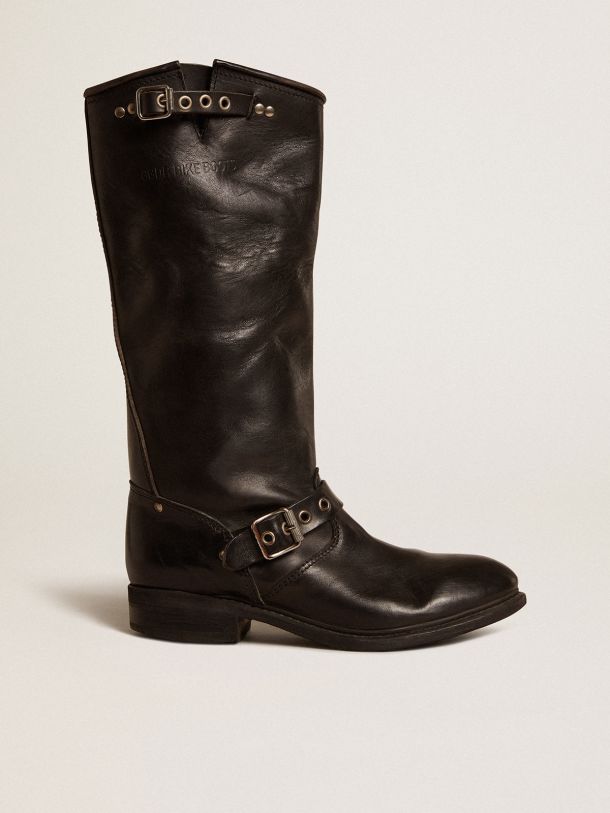 High Biker boots in black leather with silver studs and buckles