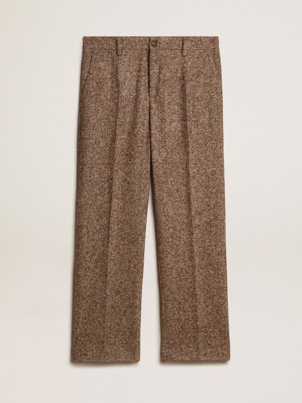 米色和棕色羊毛真丝混纺面料男款长裤