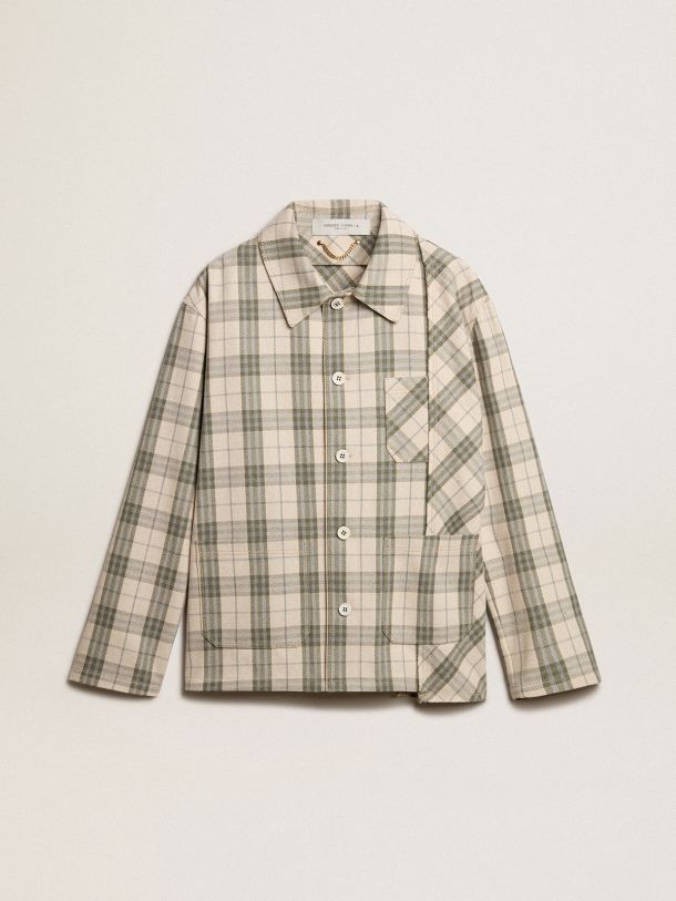 Men's slim-fit shirt made of ecru and green cotton flannel