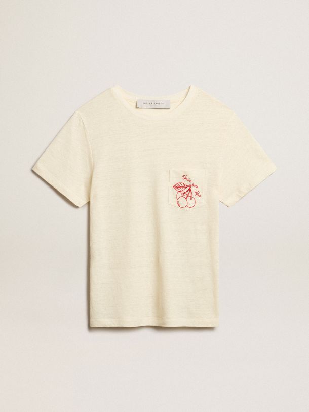 여성 엠브로이더리 포켓 에이지드 화이트 코튼 티셔츠