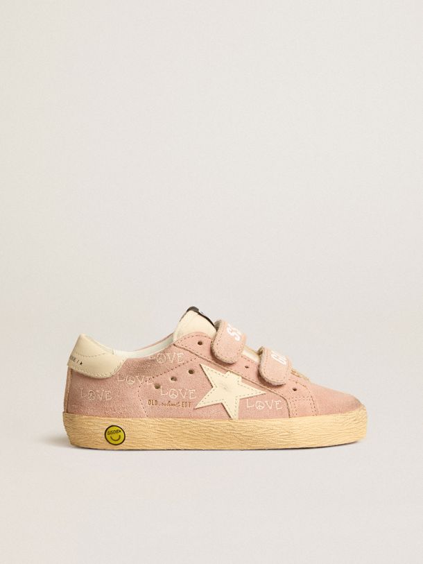 Old School Young in pink suede with cream leather star and heel tab