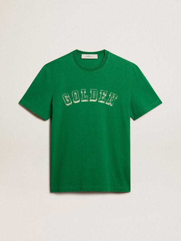 Men’s green cotton T-shirt with lettering at the center
