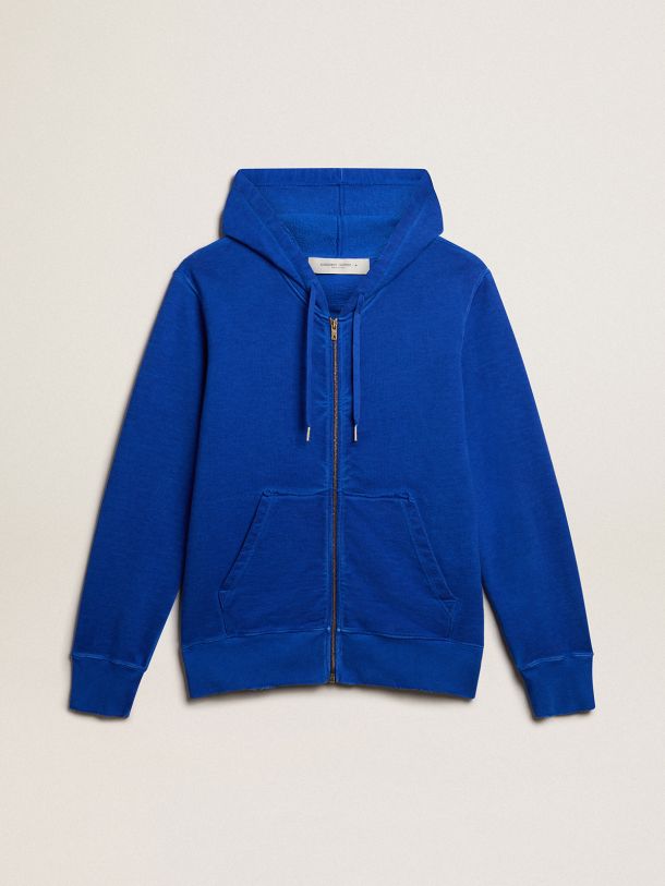 Men's blue-colored hoodie with lettering on the back