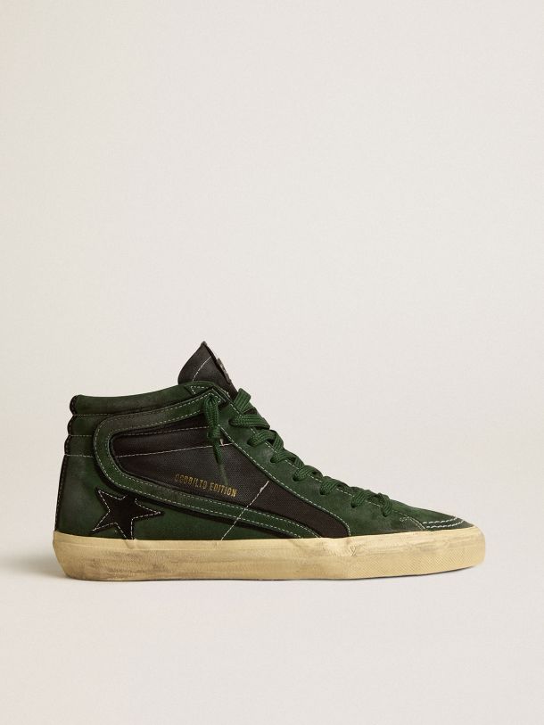 Slide LTD in green suede and black canvas with suede star and flash
