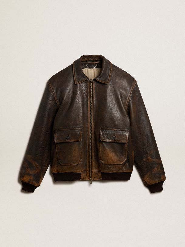 Aviator-style jacket in brown leather