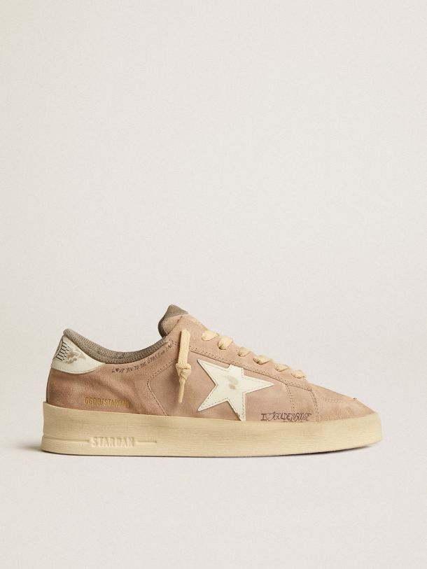 Stardan in old rose suede with white leather star and heel tab