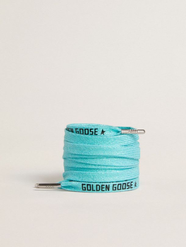 Light blue Lurex laces with contrasting black logo