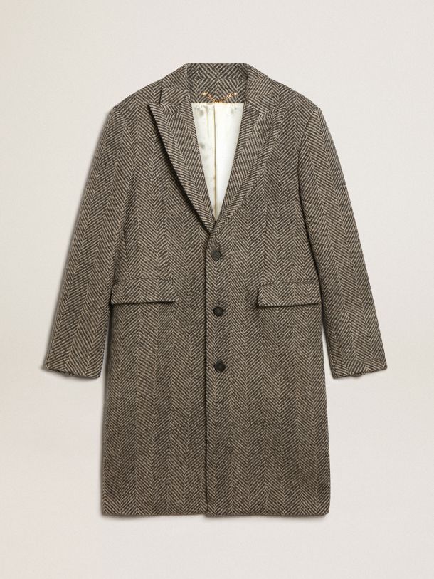 Manteau droit homme en laine avec trame à chevrons beige et gris