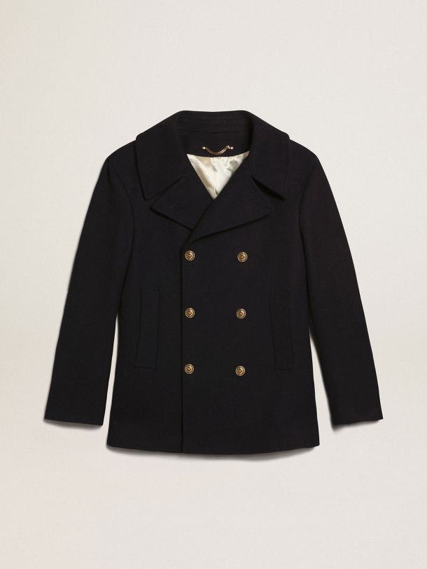 Men's double-breasted coat in dark blue wool with gold buttons