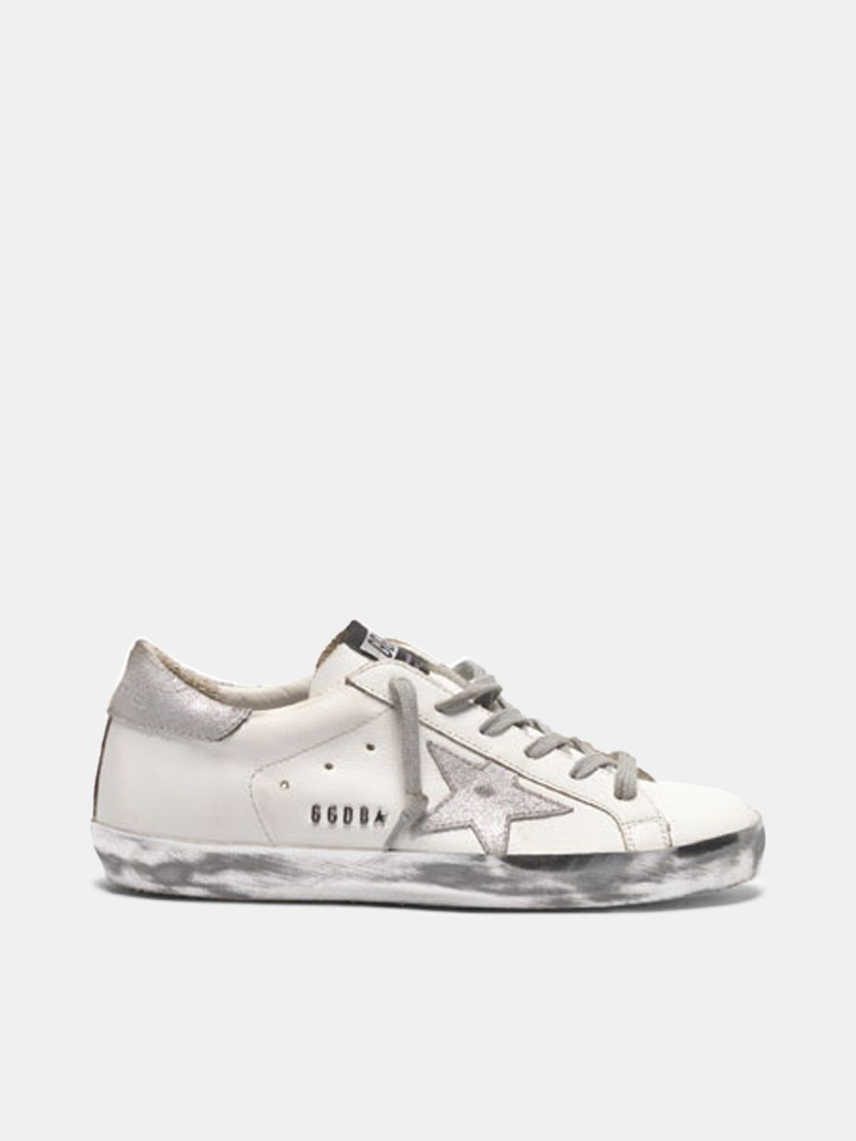 superstar sneakers with silver heel tab with glitter and metal stud lettering