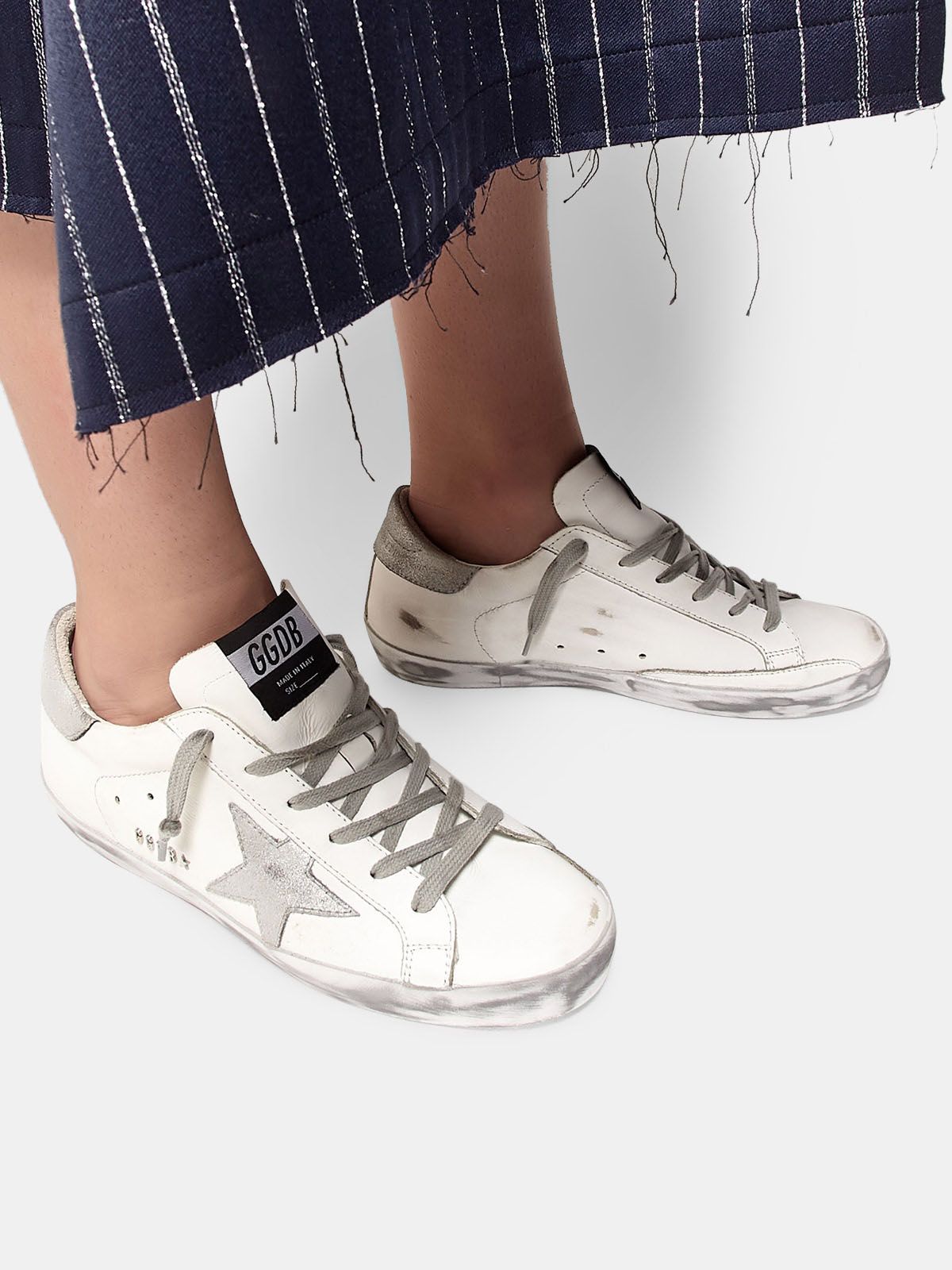 superstar sneakers with silver heel tab with glitter and metal stud lettering