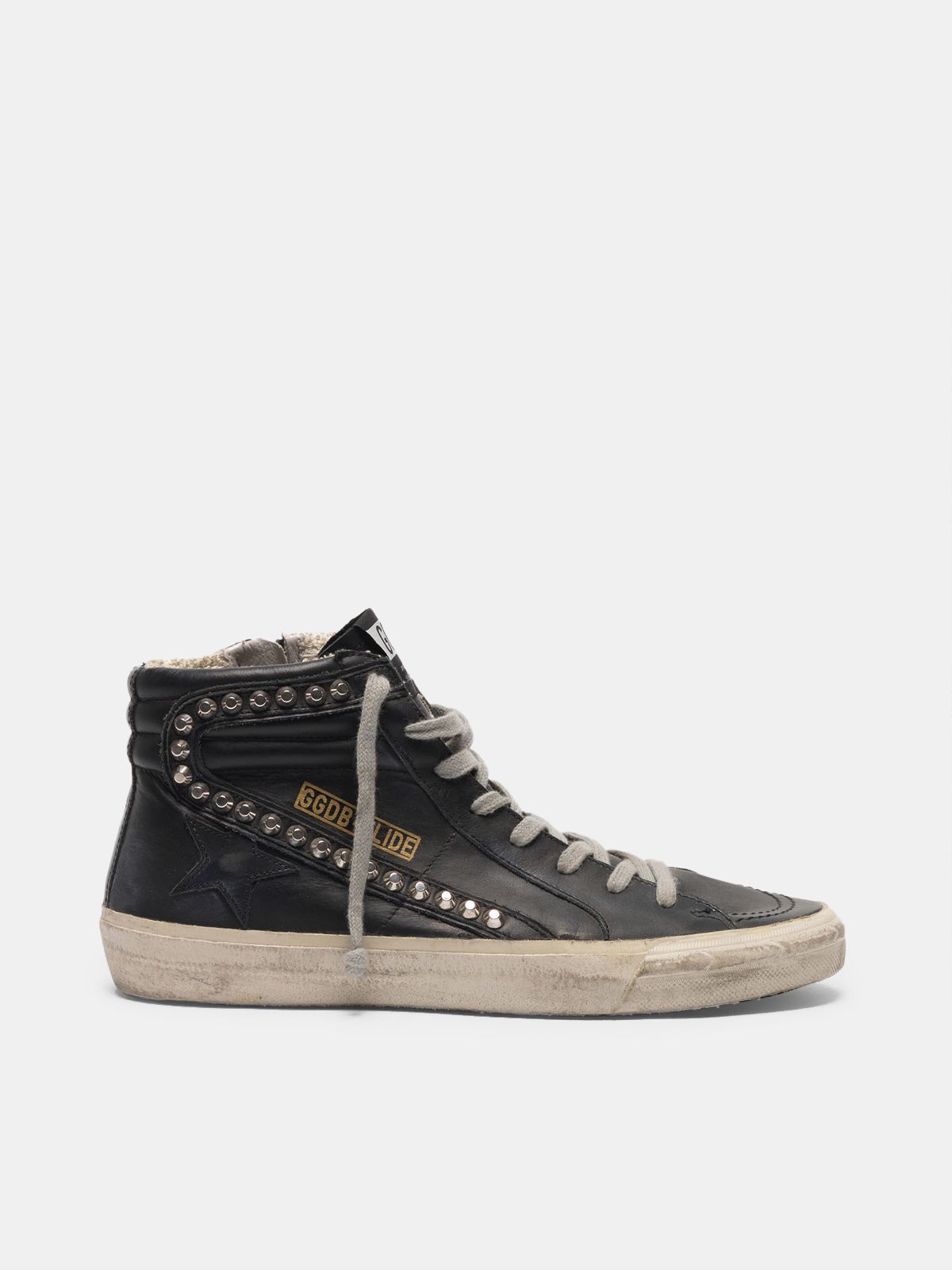 golden goose black leather studded slide sneakers