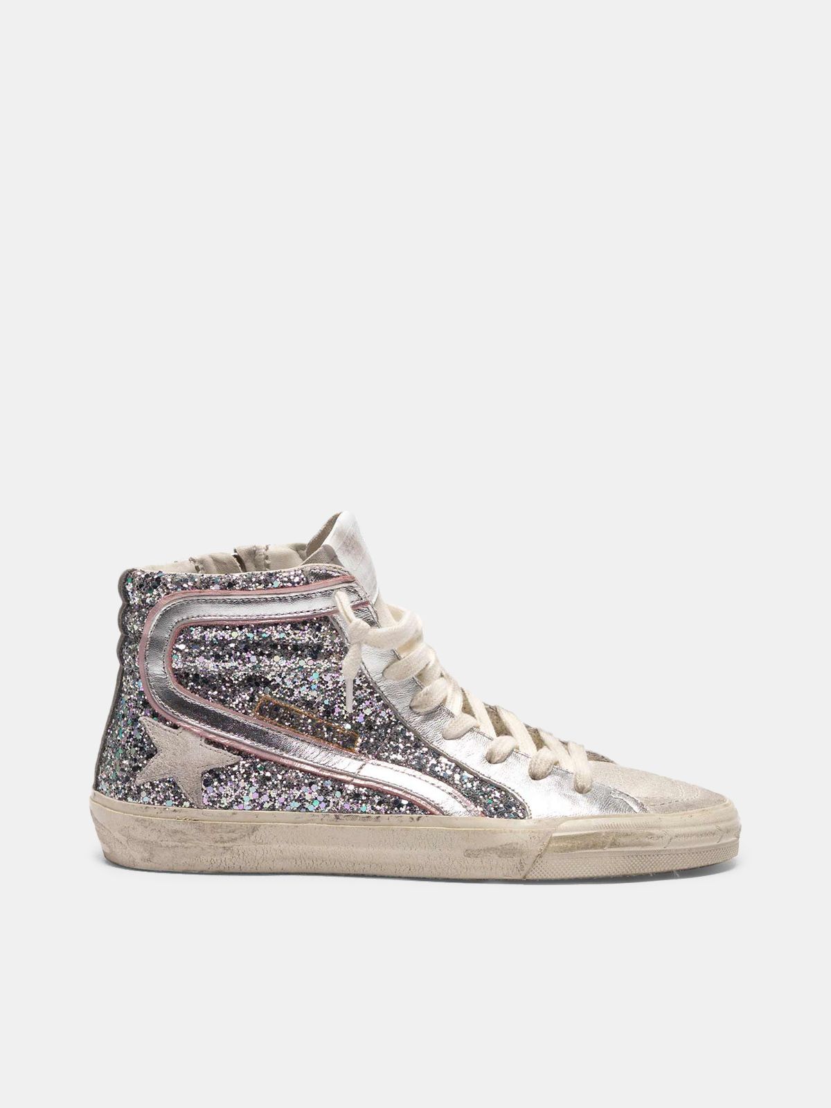 Slide sneakers in silver laminated leather and glitter | Golden Goose