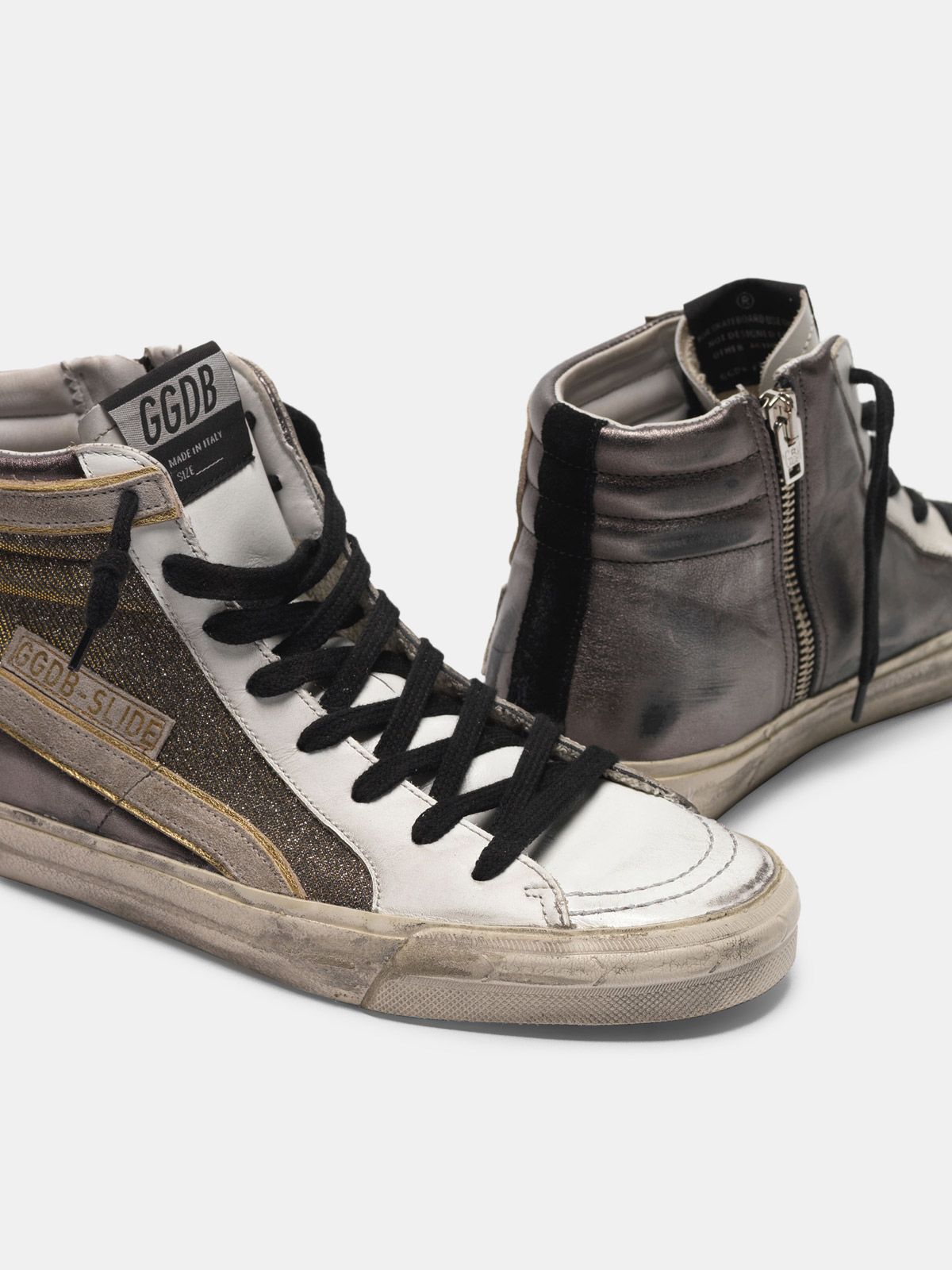 Slide sneakers in metallic leather with shimmer insert | Golden Goose
