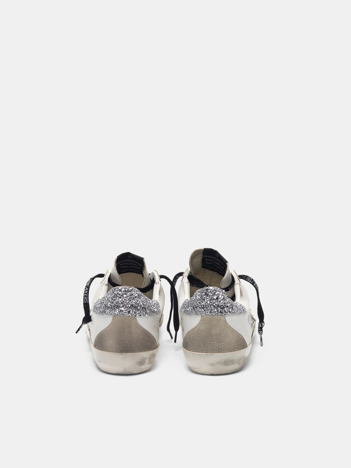 superstar sneakers with silver heel tab with glitter and metal stud lettering