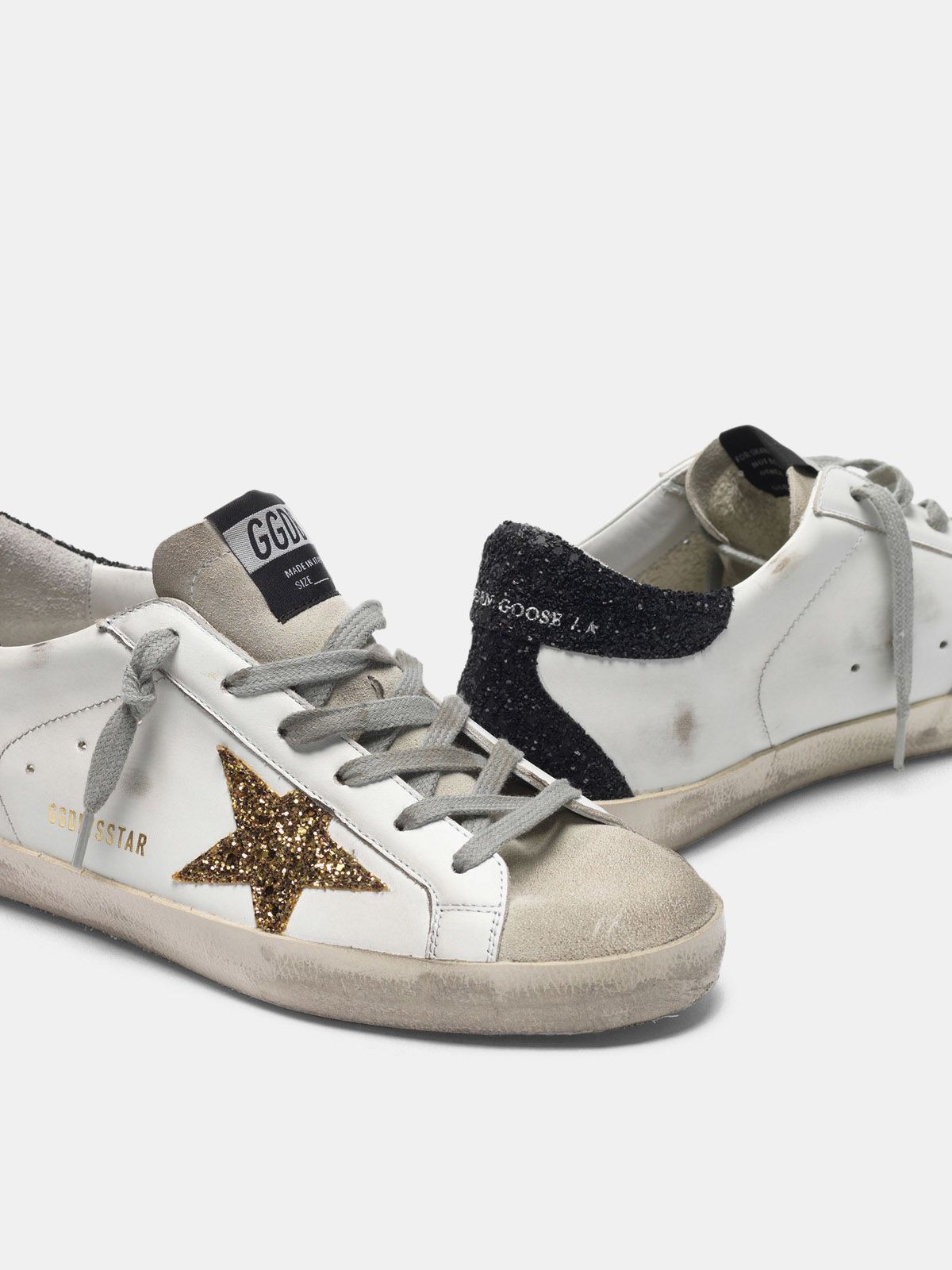 Super-Star sneakers with gold star and glittery black heel tab | Golden Goose