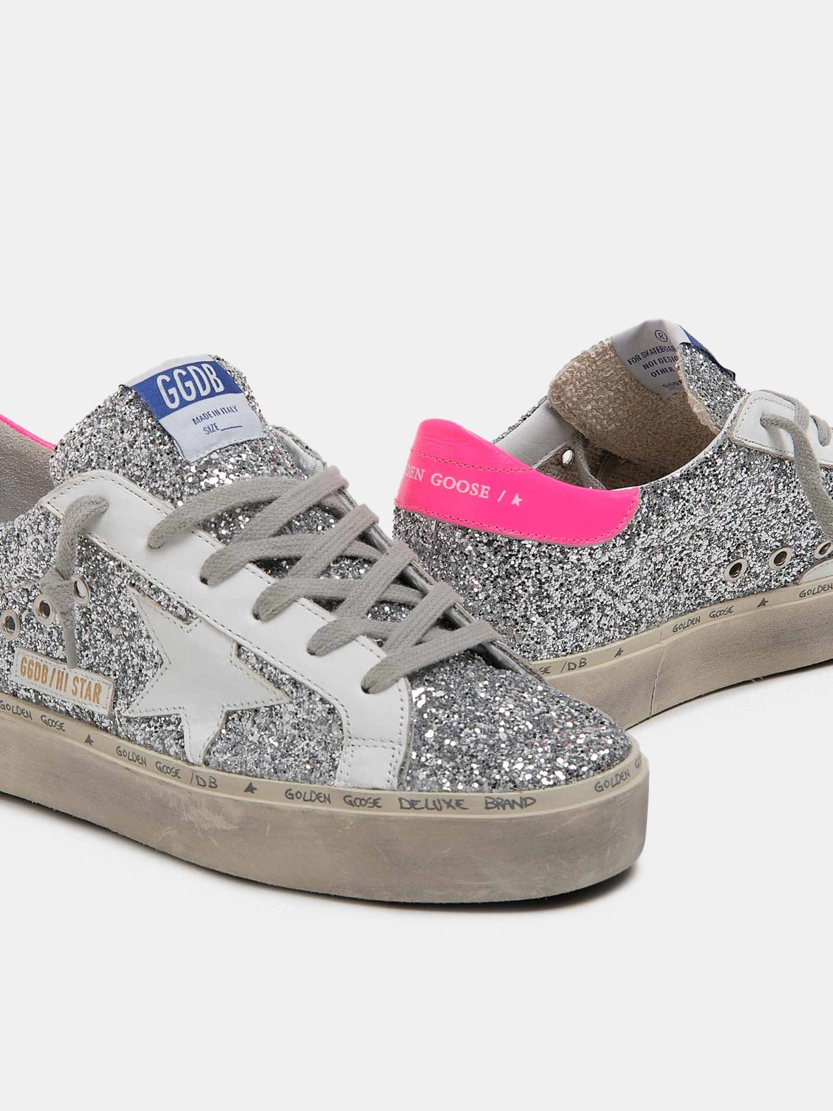 Hi Star sneakers with silver glitter and fuchsia heel tab | Golden Goose