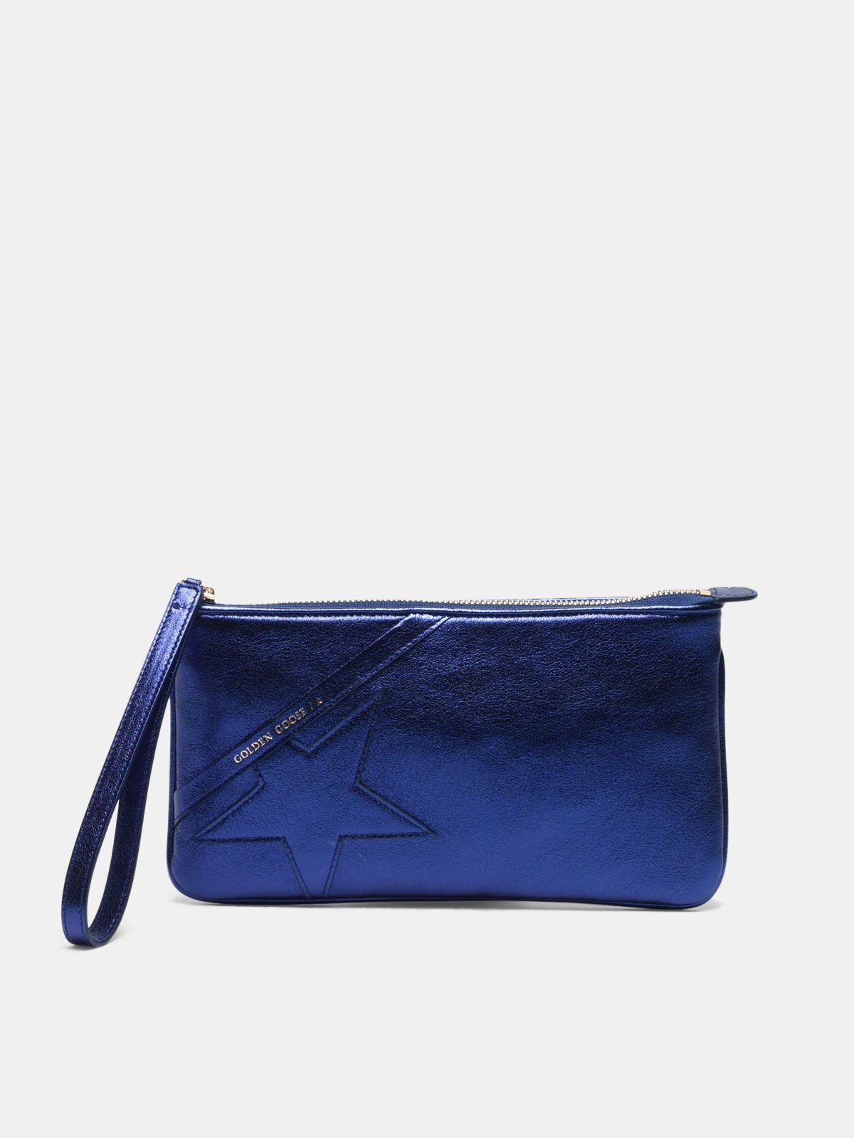 metallic blue clutch bag