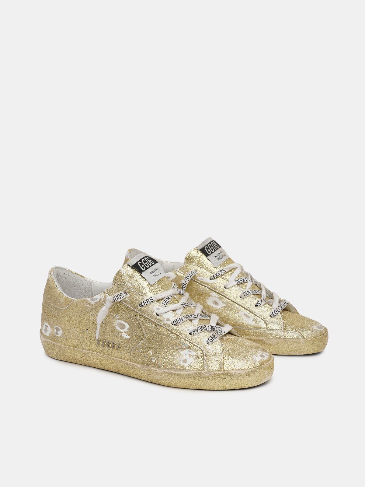 Sparkling Super Star Sneakers With Gold Glitter And Logoed Laces Golden Goose