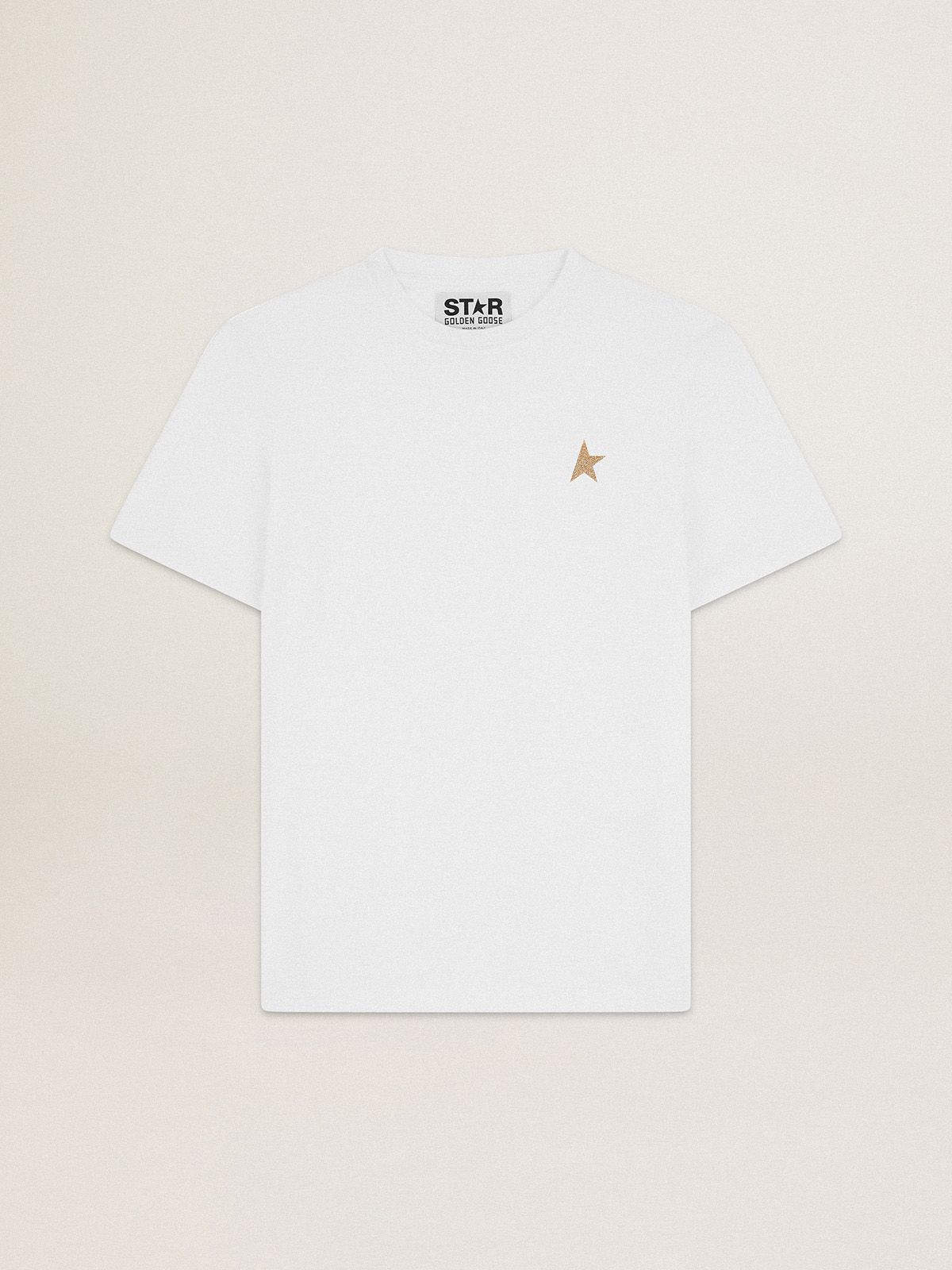 T-shirt bianca Collezione Star con stella in glitter dorati sul davanti