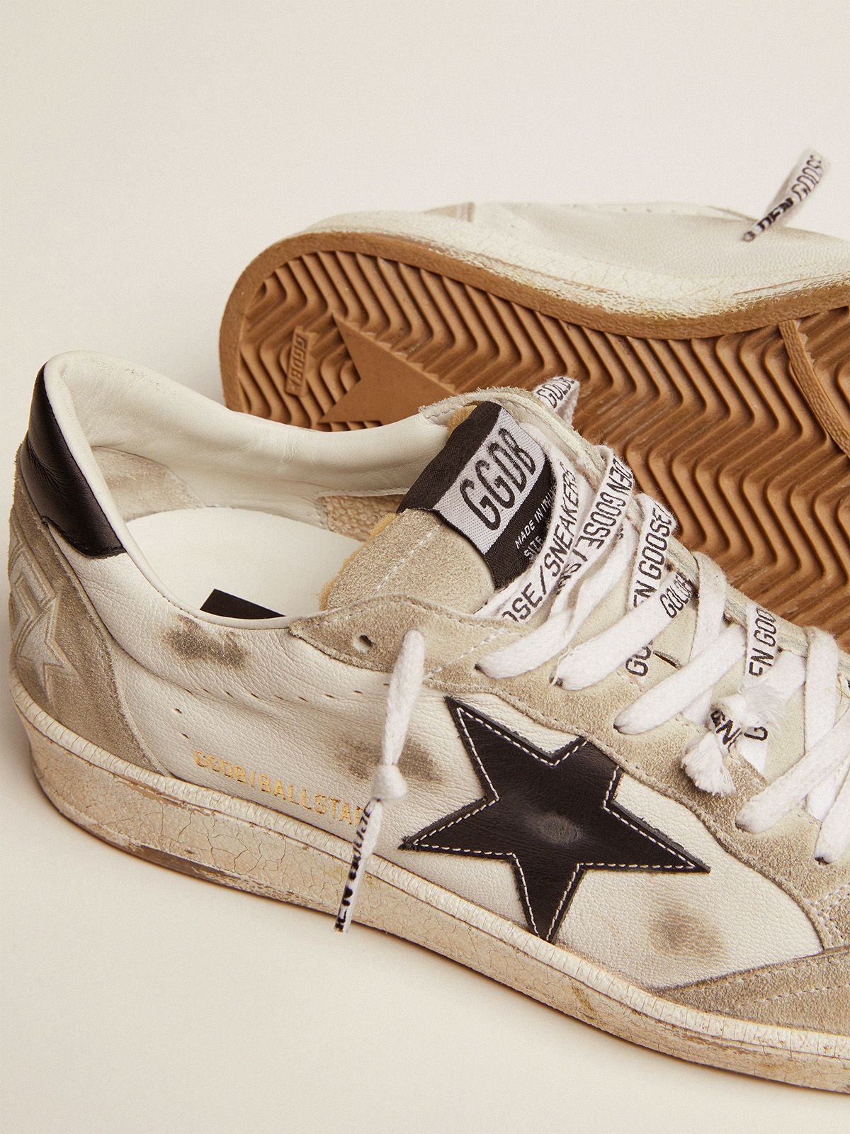 Ball Star sneakers in white leather and ice-gray suede with black 