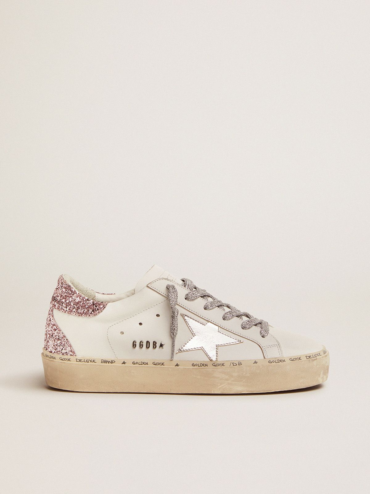 Hi Star Sneakers With Silver Laminated Leather Star And Quartz Pink Glitter Heel Tab Golden Goose