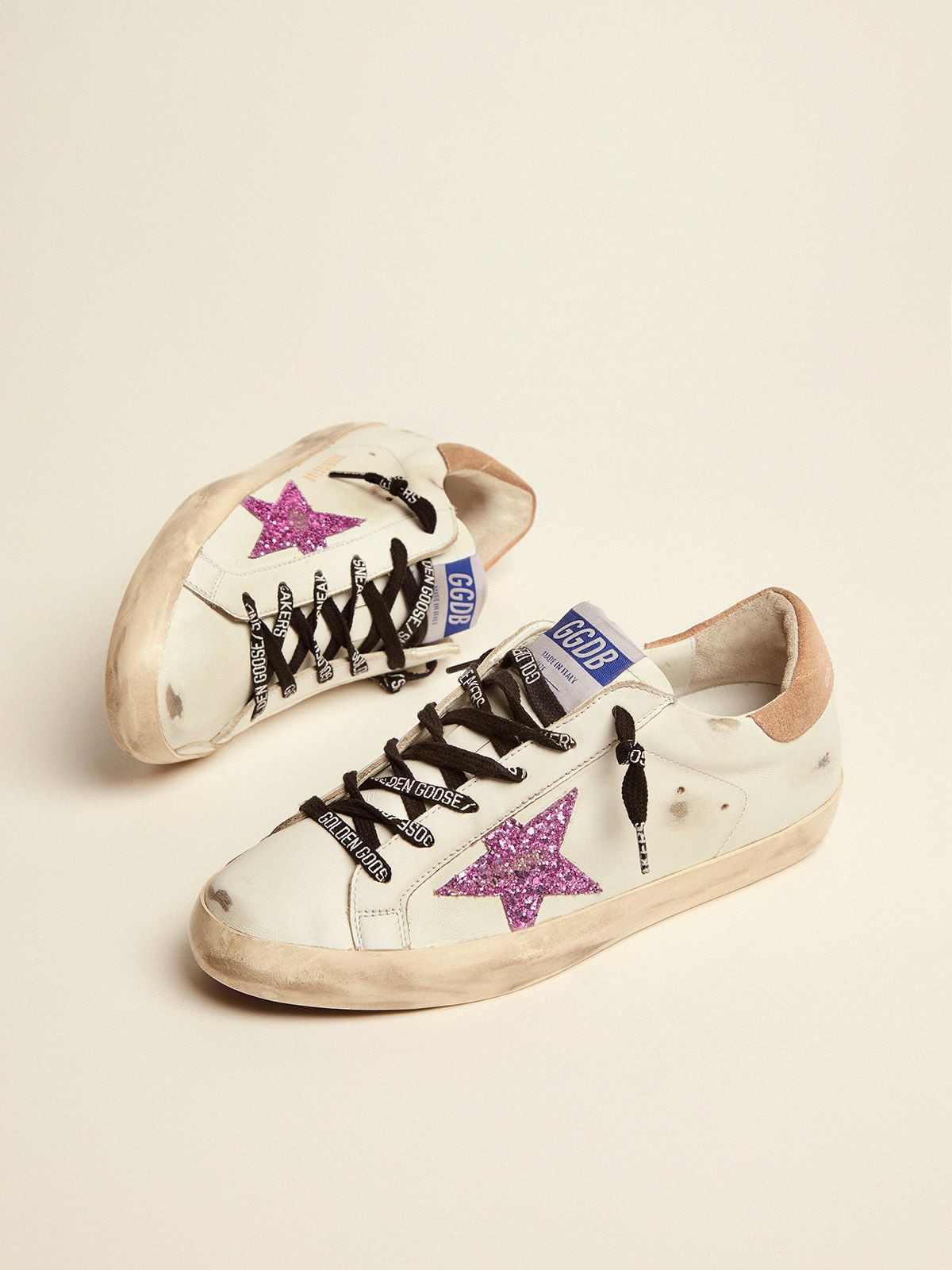 Super-Star sneakers in white leather with lavender-colored glitter 