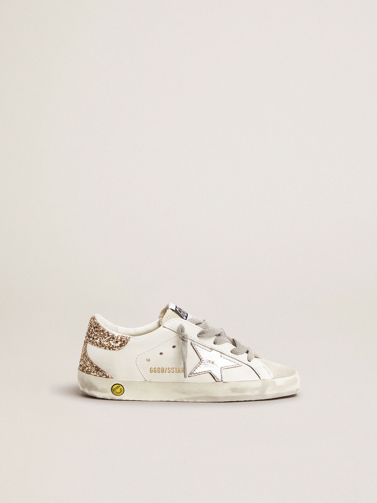 Super Star Sneakers With Gold Glitter Heel Tab And Laminated Silver Star Golden Goose