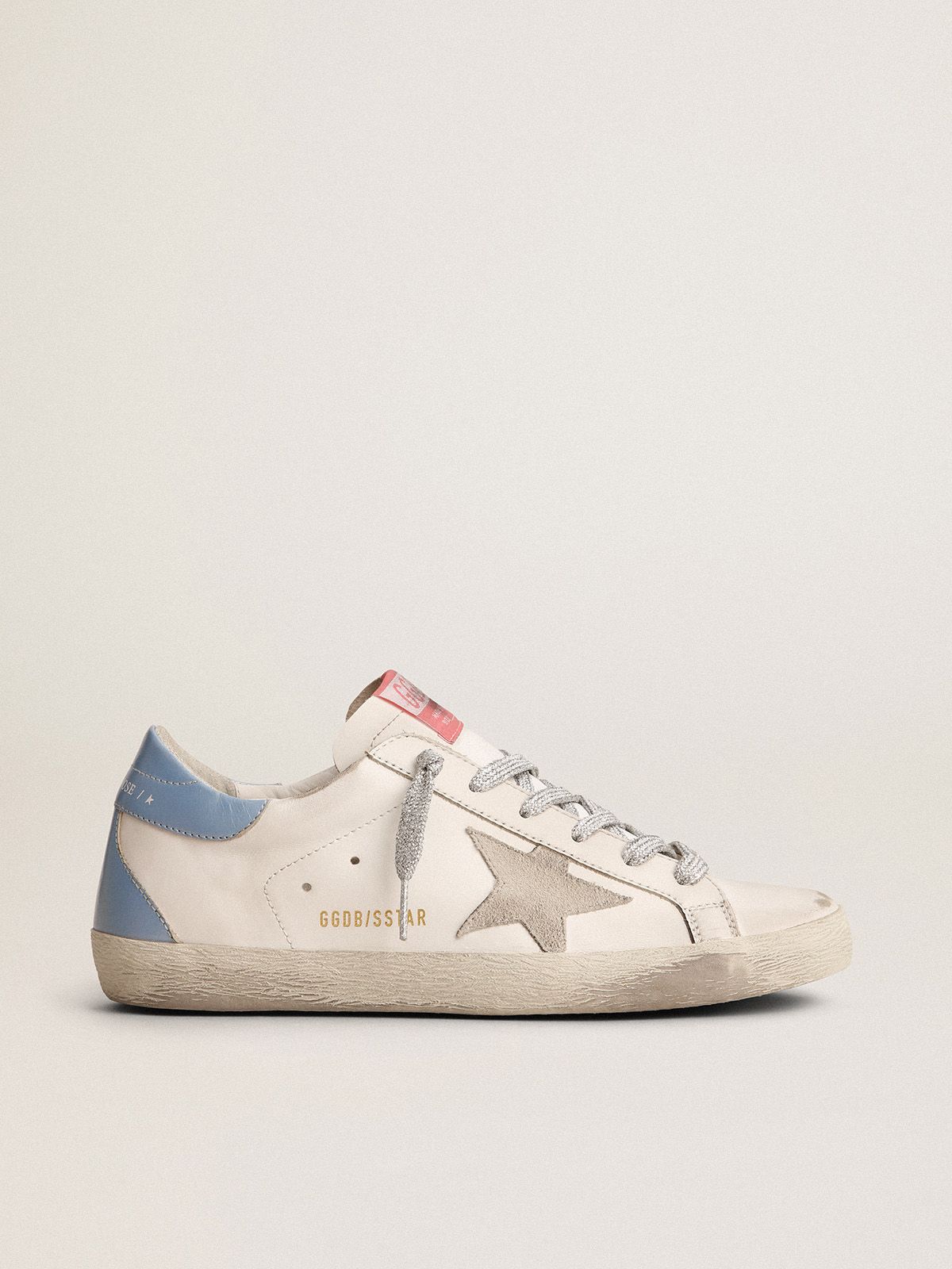 Super-Star sneakers with sky-blue laminated leather heel tab and ice-gray  suede star