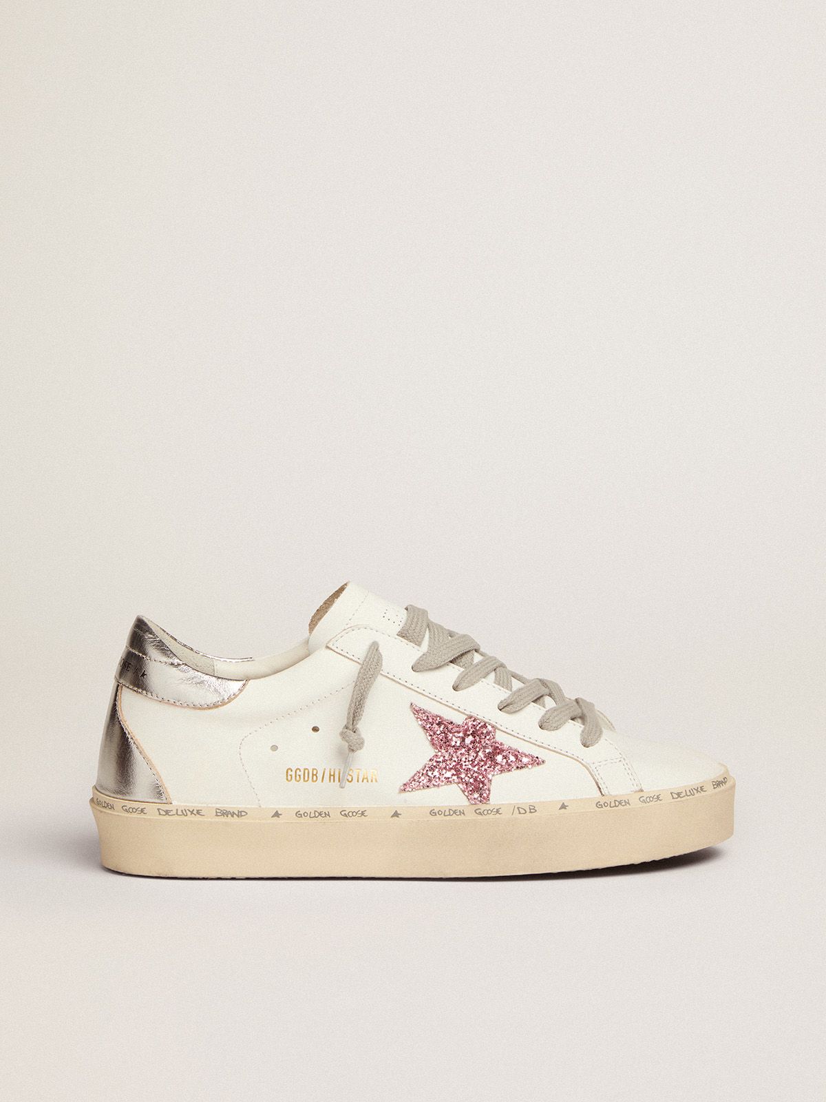 Hi Star Sneakers With Silver Laminated Leather Heel Tab And Pink Glitter Star Golden Goose