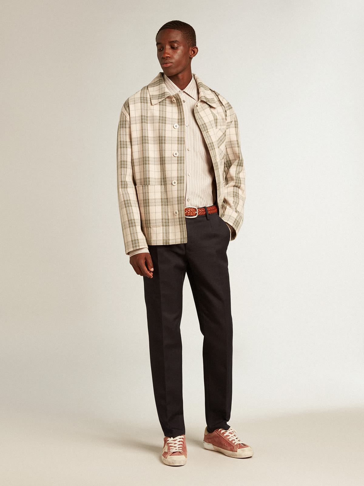 Men's viscose-blend linen shirt with striped pattern | Golden Goose